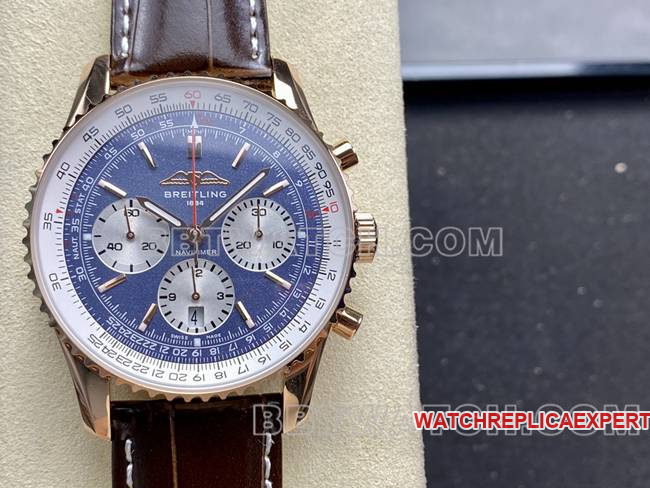 top-tier watch BLS factory blue dialBreitling aviation chronographrose goldleather strap model front live photo