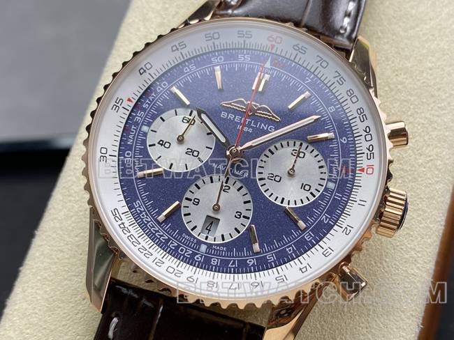 top-tier watch BLS factory blue dialBreitling aviation chronographrose goldleather strap model front live photo