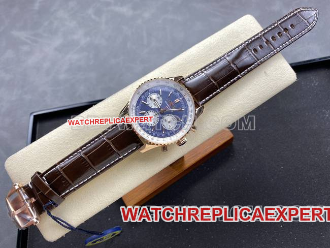 top-tier watch BLS factory blue dialBreitling aviation chronographrose goldleather strap model front live photo