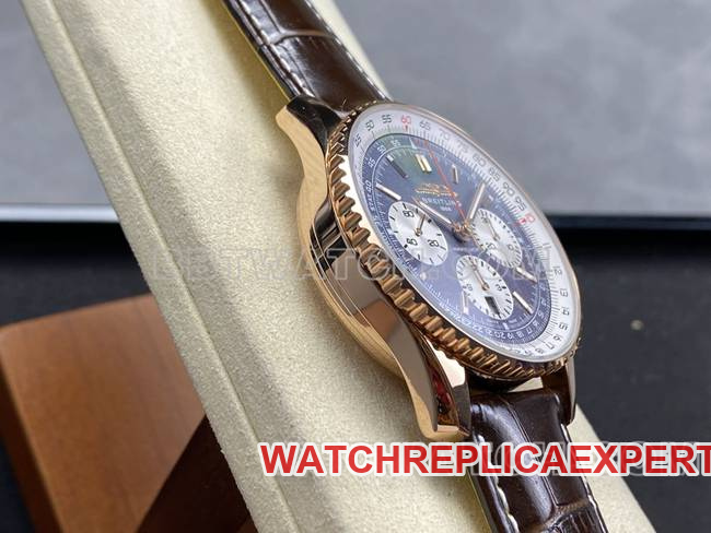 top-tier watch BLS factory blue dialBreitling aviation chronographrose goldleather strap model side live photo