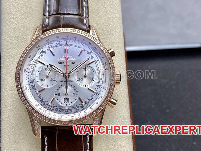 collectible watch BLS factory silver white dialBreitling aviation chronographrose gold diamond leather strap model front live photo