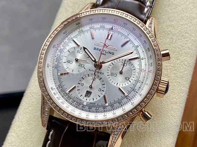 collectible watch BLS factory silver white dialBreitling aviation chronographrose gold diamond leather strap model front live photo