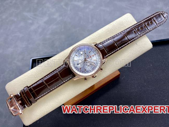 collectible watch BLS factory silver white dialBreitling aviation chronographrose gold diamond leather strap model front live photo