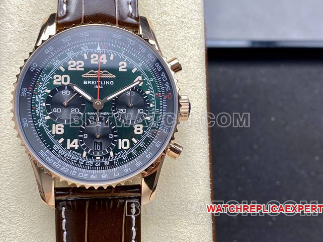 1:1replica watch BLS factory green black dialBreitling aviation chronographrose goldleather strap front live photo