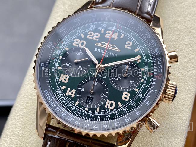 1:1replica watch BLS factory green black dialBreitling aviation chronographrose goldleather strap front live photo