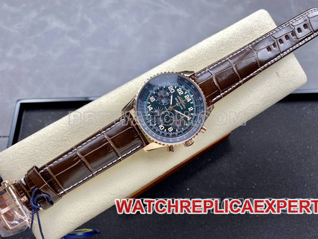 1:1replica watch BLS factory green black dialBreitling aviation chronographrose goldleather strap front live photo