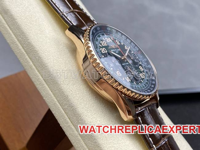 1:1replica watch BLS factory green black dialBreitling aviation chronographrose goldleather strap style side live photo