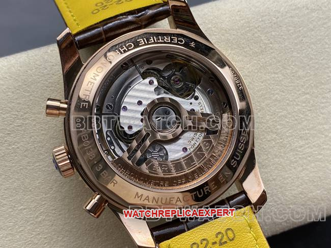 1:1replica watch BLS factory green black dialBreitling aviation chronographrose goldleather strap caseback live photo
