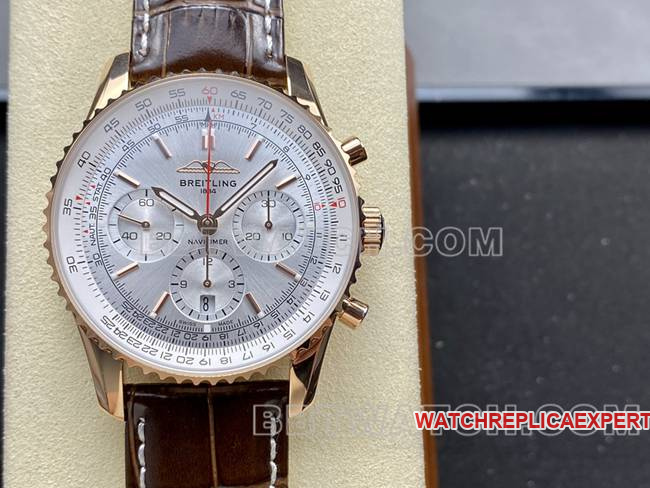 collectible watch BLS factory silver white dialBreitling aviation chronographrose goldleather strap model front live photo