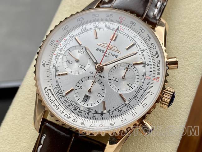 collectible watch BLS factory silver white dialBreitling aviation chronographrose goldleather strap model front live photo