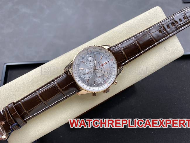 collectible watch BLS factory silver white dialBreitling aviation chronographrose goldleather strap model front live photo