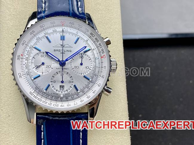 collectible watch BLS factory aviation chronographBreitling silver white dial blue leather strap model front live photo
