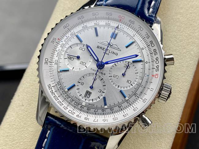 collectible watch BLS factory aviation chronographBreitling silver white dial blue leather strap model front live photo