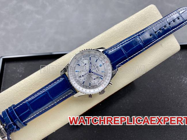 collectible watch BLS factory aviation chronographBreitling silver white dial blue leather strap model front live photo