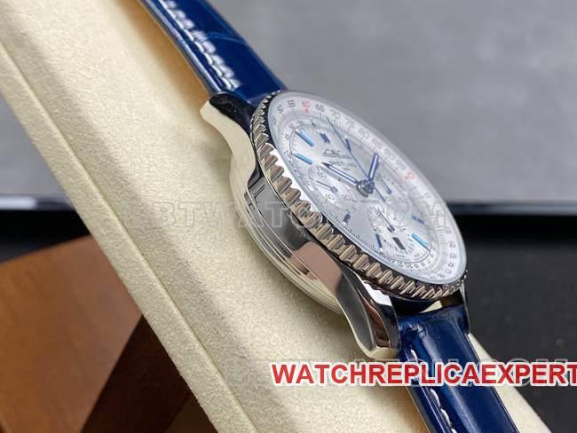 collectible watch BLS factory aviation chronographBreitling silver white dial blue leather strap model side live photo