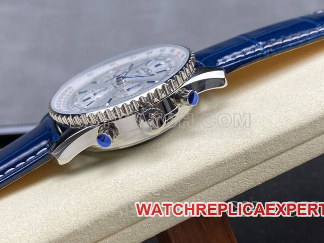 collectible watch BLS factory aviation chronographBreitling silver white dial blue leather strap model side live photo
