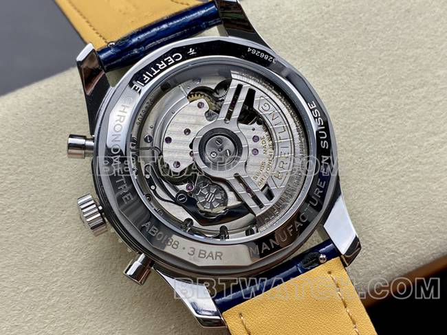 collectible watch BLS factory aviation chronographBreitling silver white dial blue leather strap caseback live photo