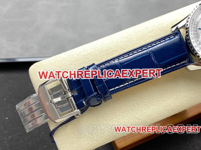 collectible watch BLS factory aviation chronographBreitling silver white dial blue leather strap model clasplive photos
