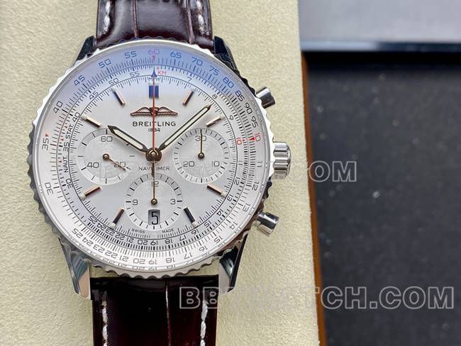1:1replica watch BLS factory aviation chronographBreitling silver white dial brown leather strap model front live photo
