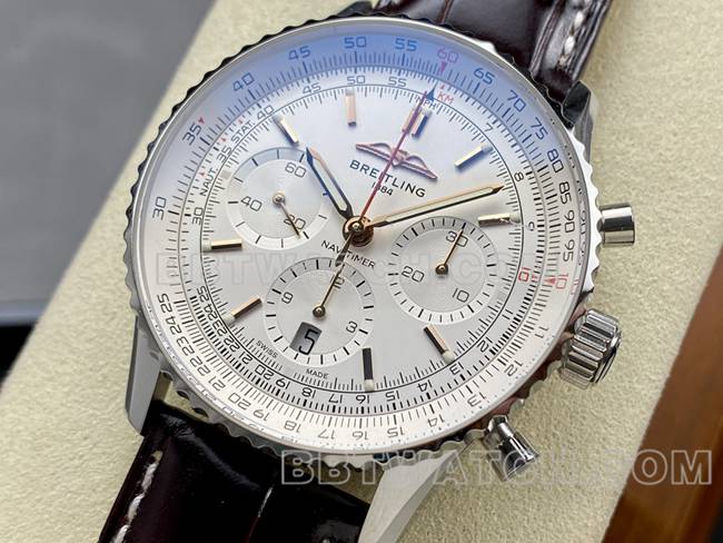 1:1replica watch BLS factory aviation chronographBreitling silver white dial brown leather strap model front live photo