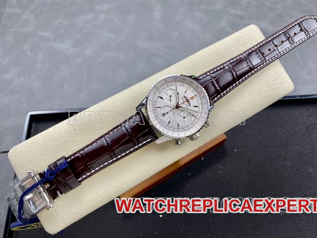 1:1replica watch BLS factory aviation chronographBreitling silver white dial brown leather strap model front live photo
