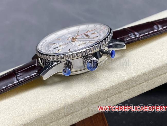 1:1replica watch BLS factory aviation chronographBreitling silver white dial brown leather strap model side live photo