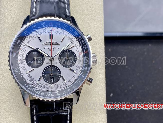 watch BLS factory aviation chronographBreitling silver gray plate brown leather strap model front live photo