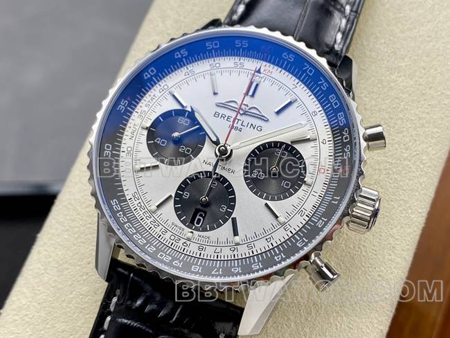 watch BLS factory aviation chronographBreitling silver gray plate brown leather strap model front live photo