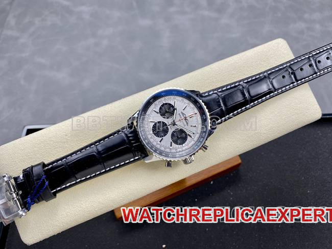 watch BLS factory aviation chronographBreitling silver gray plate brown leather strap model front live photo