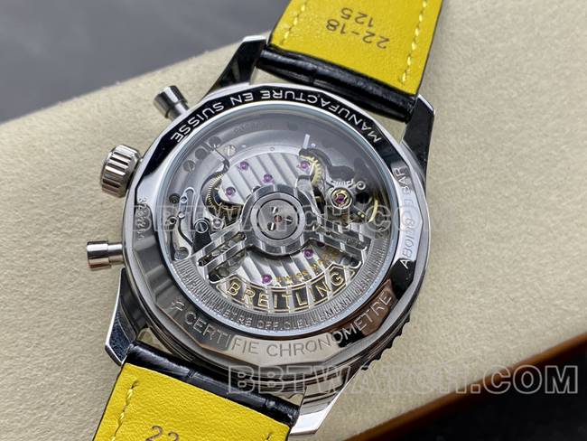 watch BLS factory aviation chronographBreitling silver gray plate brown leather strap caseback live photo