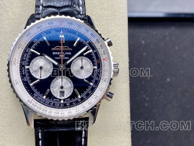 collectible watch BLS factory aviation chronographBreitling black white dial black leather strap model front live photo