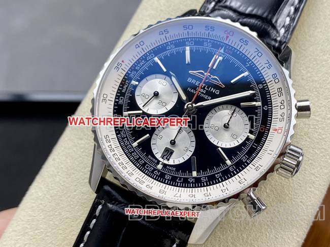 collectible watch BLS factory aviation chronographBreitling black white dial black leather strap model front live photo