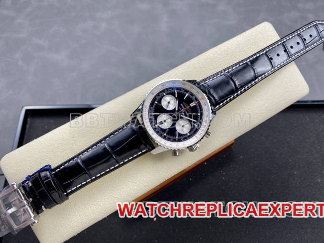 collectible watch BLS factory aviation chronographBreitling black white dial black leather strap model front live photo