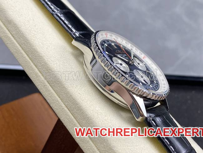 collectible watch BLS factory aviation chronographBreitling black white dial black leather strap model side live photo