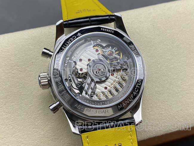 collectible watch BLS factory aviation chronographBreitling black white dial black leather strap caseback live photo