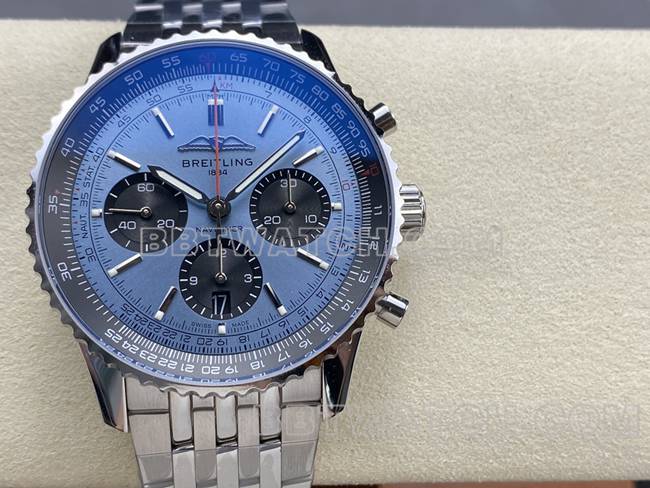 collectible watch BreitlingBLS factory aviation chronograph blue dialsteel bracelet front live photo