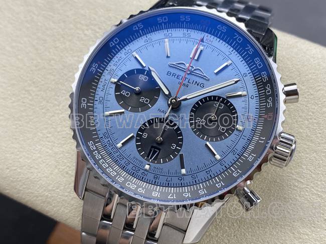collectible watch BreitlingBLS factory aviation chronograph blue dialsteel bracelet front live photo