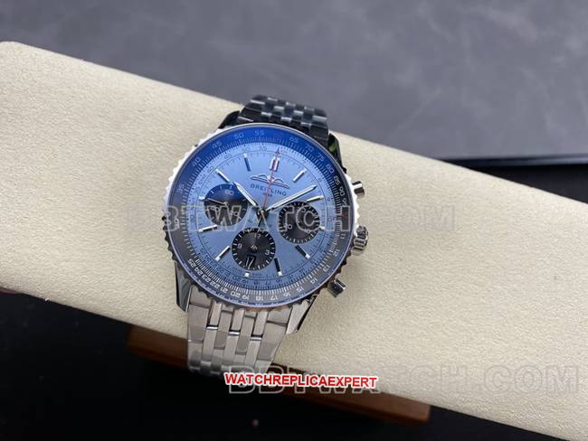 collectible watch BreitlingBLS factory aviation chronograph blue dialsteel bracelet front live photo
