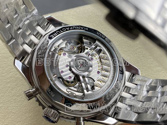 collectible watch BreitlingBLS factory aviation chronograph blue dialsteel bracelet caseback live photo