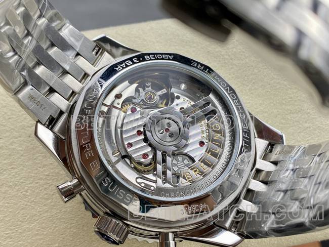 watch BreitlingBLS factory aviation chronograph copper disc steel bracelet caseback live photo