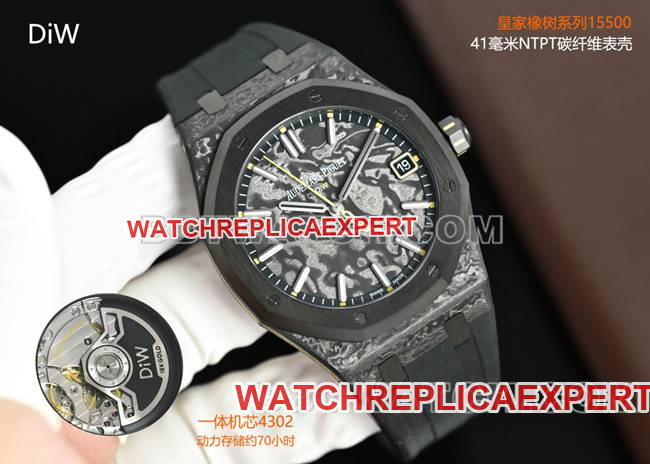 1:1replica watch Royal OakDiW factory Audemars Piguet carbon fiber yellow needle 15500front live photo