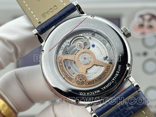 watch Portofino GR factory IWC white dial blue needle blue leather strap caseback live photo