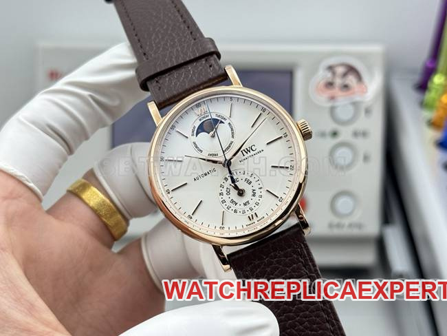 collectible watch Portofino GR factory IWCrose goldwhite dial brown leather strap model front live photo