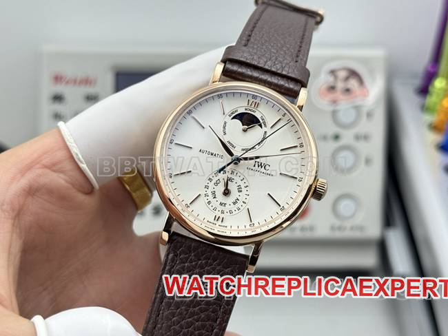 collectible watch Portofino GR factory IWCrose goldwhite dial brown leather strap model front live photo