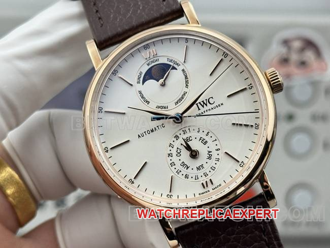 collectible watch Portofino GR factory IWCrose goldwhite dial brown leather strap model front live photo