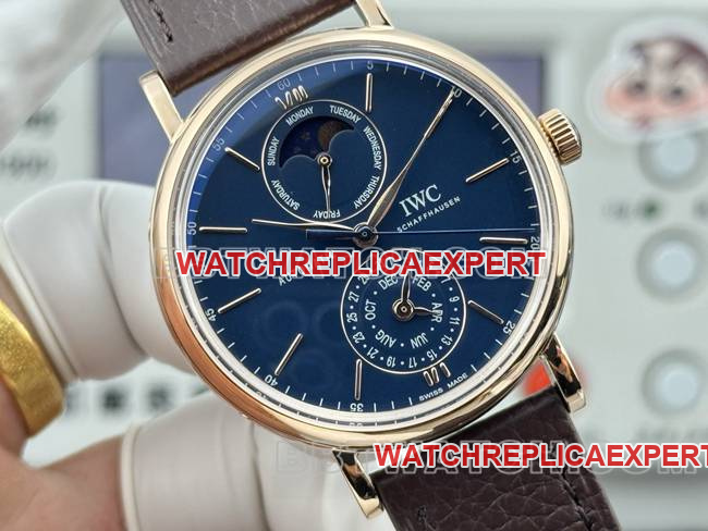 collectible watch GR factory IWC Portofino rose goldblue dialleather strap model front live photo