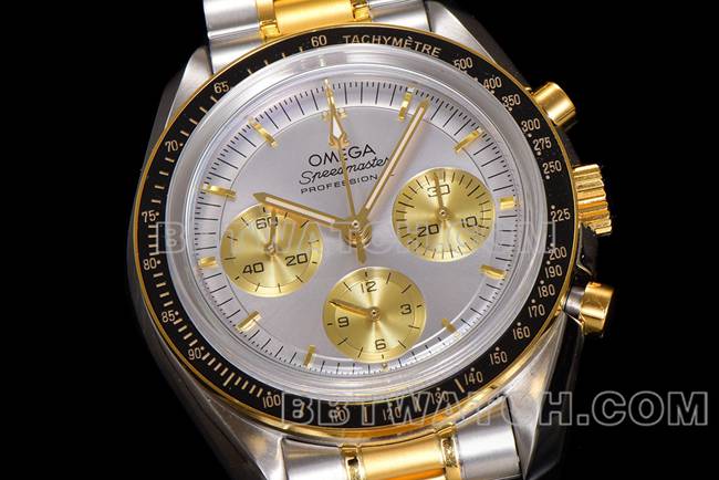 watch N1 factory Speedmaster Omegasilver dial gold steel bracelet front live photo