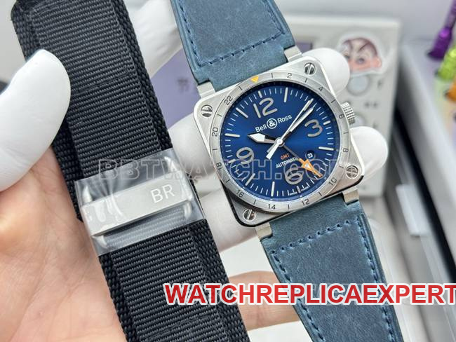 top-tier watch Bellis blue dial 42mm dual time zone leather strap model front live photo