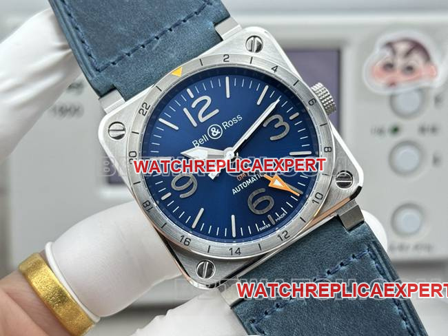 top-tier watch Bellis blue dial 42mm dual time zone leather strap model front live photo