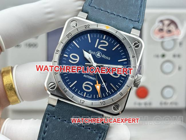 top-tier watch Bellis blue dial 42mm dual time zone leather strap model front live photo